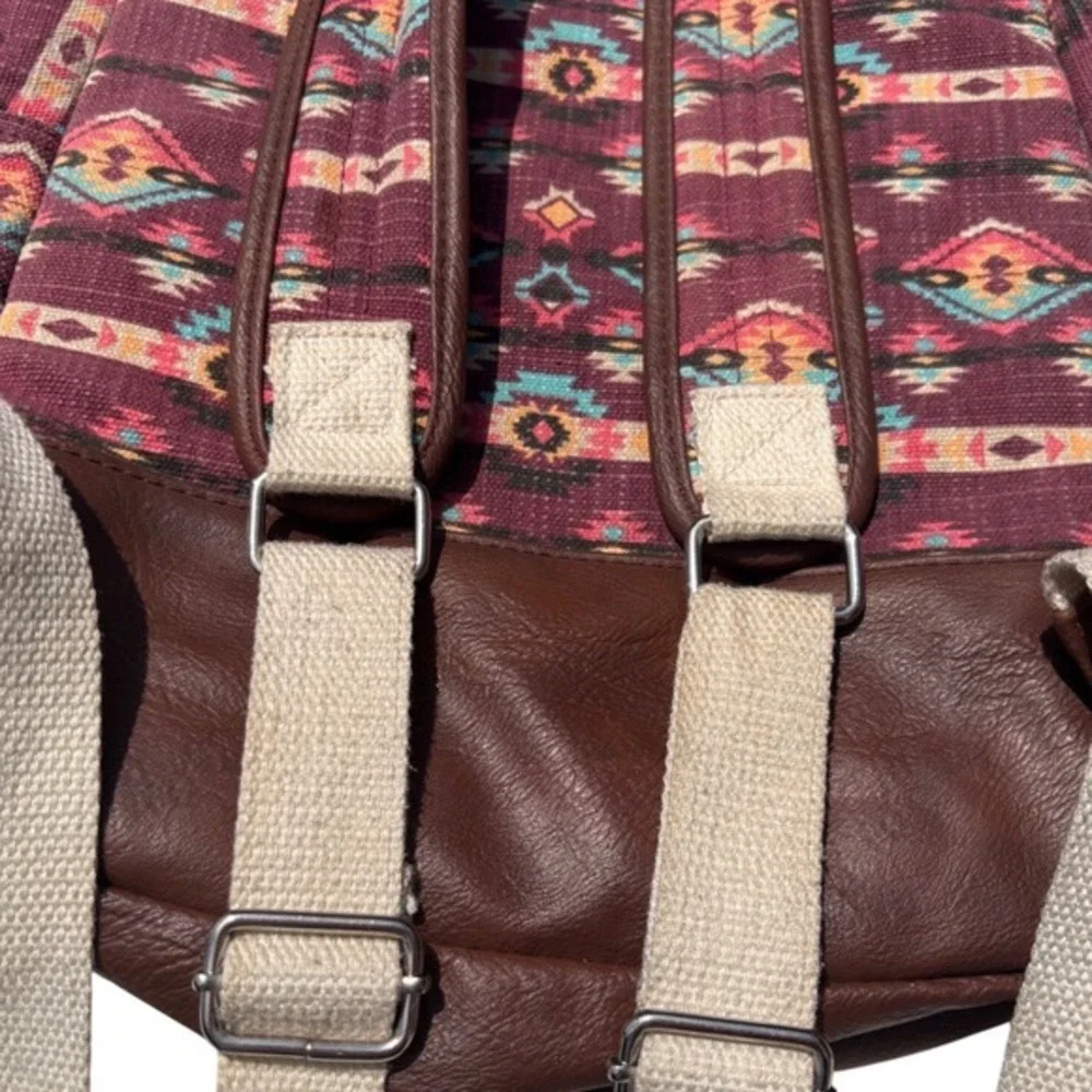 Southwestern Canvas Backpack Burgundy Brown Boho Multiple Pockets‎ Medium